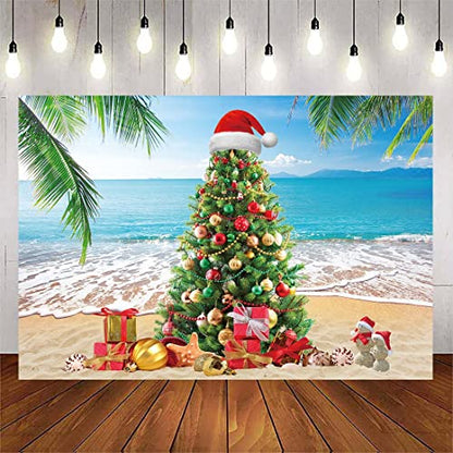 July Christmas Tree Photography Backdrop - Tropical Beach Palm Leaves Blue Sky Ocean Family Holiday Party Photo Backdrop (8X6FT(94X70inch)) - size: 8X6FT(94X70inch)