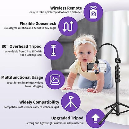 Nineigh 80" Phone Tripod, Selfie Stick Cellphone Tripod, Aluminum Tripods Stand for Video Photo Vlog, Travel Tripods with Gooseneck Remote Phone Holder, Compatible with iPhone Android Smartphone - size: 80 Inch