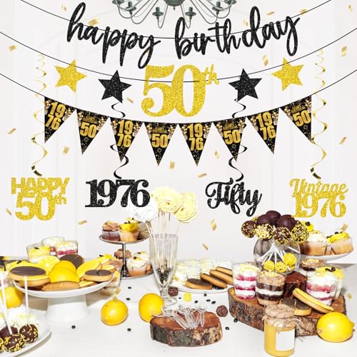 12PCS 50th Birthday Decorations for Men Women, Black Gold Vintage 1976 Happy 50th Birthday Banner Triangle Flag Banner Glitter Hanging Swirls Party Supplies, Cheers to 50 Years Old Bday Decor - style: Black Gold 50th