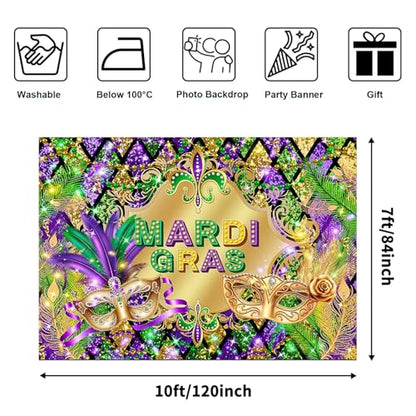 Avezano Mardi Gras Party Backdrop for Festival Carnival Masquerade Photoshoot Photography Background Retro Glitter Gold Green Purple New Orleans Mask Mardi Gras Party Decorations (10x7ft) - size: 10x7ft
