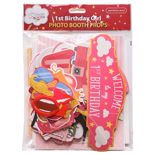 1st Birthday Girl Photo Booth Props - 41-pc Photobooth Kit with 8 x 10-Inch Sign, 60 Adhesive Pads, 45 Sticks - First Birthday Photo Kit