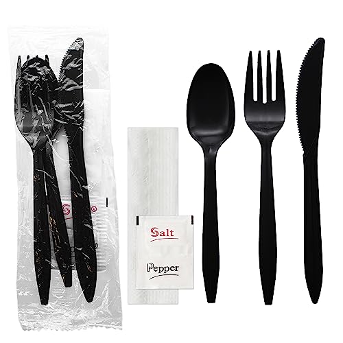 Party Essentials Individually Wrapped Plastic Cutlery Packets/Silverware Kits, Black Fork/Spoon/Knife/Napkin/Salt/Pepper, 100 Sets - color: Black Fork/ Spoon/ Knife/ Napkin/ Salt/ Pepper, size: 100 Sets