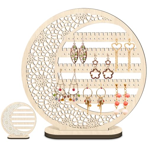 Kathfly Large Boho Moon Earring Display Stand for Mother's Gift 10 Inch Wooden Floral Goth Earrings Stud Jewelry Holder Organizer Dangle Hanging Holder Gift for Women(Wood Color) - color: Wood Color