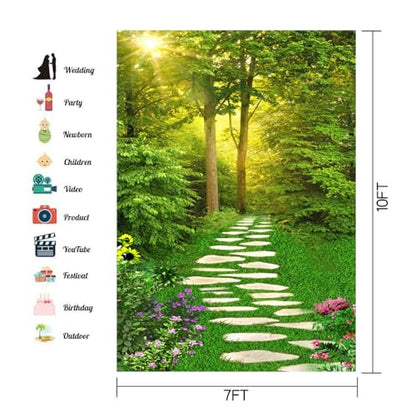 Spring Scenery Backdrop 7x10ft Forest Path Sunshine Flower Photography Background Natural Scenery Photo Shoot Props Portrait Pet Photo Photography Backdrop - size: 7x10ft