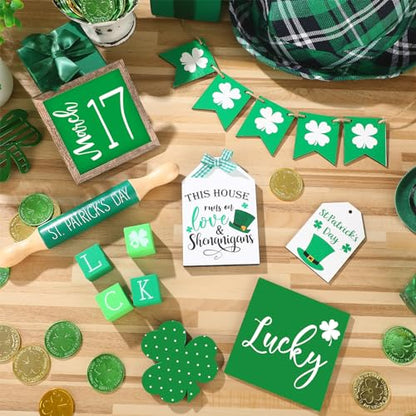 Beeveer 15 Pcs St. Patrick's Day Tiered Tray Decor Set Shamrock Gnome Wooden Sign Rustic Irish Themed Table Centerpiece Tabletop for Home Office Kitchen(Shamrock) - style: Shamrock