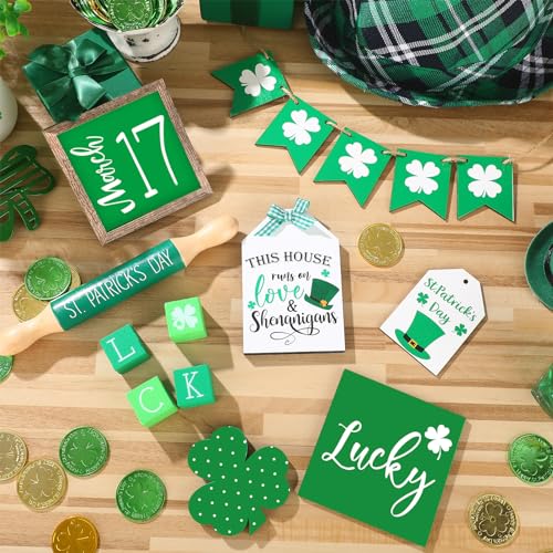 Beeveer 15 Pcs St. Patrick's Day Tiered Tray Decor Set Shamrock Gnome Wooden Sign Rustic Irish Themed Table Centerpiece Tabletop for Home Office Kitchen(Shamrock) - style: Shamrock