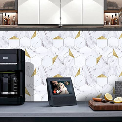 Peel and Stick Backsplash for Kitchen,New Upgrade Premium Hexagon Peel and Stick Backsplash, Seamless Backsplash Tile for Bathroom,（10-Sheet Carrara White Marble and Metal Gold） - color: Carrara White