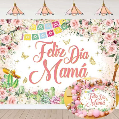 Feliz Dia Mama Banner Backdrop 7x5FT Mexican Happy Mother's Day Photography Background Pink Flowers Cactus Best Mom Ever Party Decorations Supplies Photo Props - size: 7x5FT
