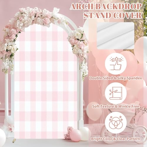 Wedding Arch Backdrop Cover 6.6FT Pink White Plaid Texture Seamless Fabric Checkered Gingham Spandex Fitted Arch Cover Round Top Stands Cover for Birthday Party Ceremony Banquet Decoration - size: 6.6x3.3 FT