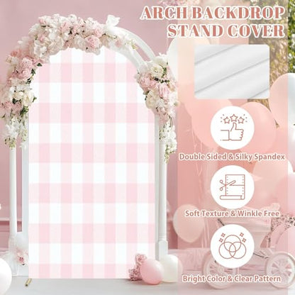 Wedding Arch Backdrop Cover 6.6FT Pink White Plaid Texture Seamless Fabric Checkered Gingham Spandex Fitted Arch Cover Round Top Stands Cover for Birthday Party Ceremony Banquet Decoration - size: 6.6x3.3 FT