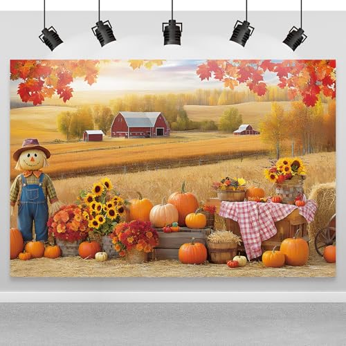 Fall Photography Backdrop 7x5ft, Autumn Maple Leaves Photo Background, Pumpkins Background for Thanksgiving Party, Farm Harvest Photo Booth Props - color: Autumn Backdrop-2, size: 7×5ft