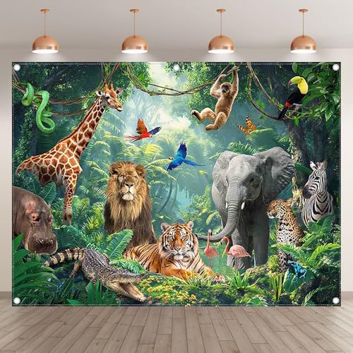 Fabric 8x6ft Jungle Forest Animals Photography Backdrop Tropical Rainforest Safari Background Wild Party Decorations Kids Event Photo Banner Props - size: 8'x6'