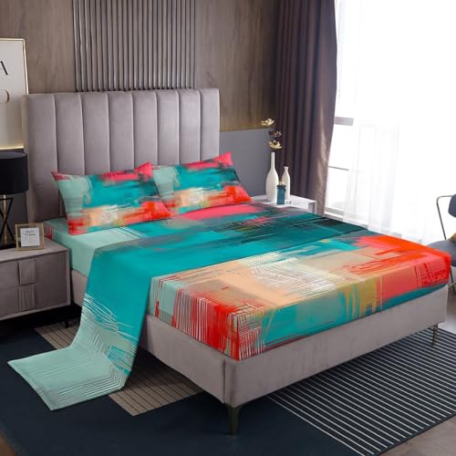 Erosebridal Gradient Tie Dye Sheet Set Full Size,Graffiti Ink Art Bed Sheets for Kids Child,Abstract Oil Painting Fitted Sheet Exotic Contemporary Decor Flat Sheet Boho Room Decor,Red Teal - color: Multi 19, size: Full
