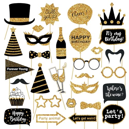 30 Pcs Gold and Black Birthday Photo Booth Props Kit, Happy Birthday Decorations, Funny Selfie Photo Props for 40th 50th 60th Birthday Graduation Wedding Party Supplies - style: Party Birthday Props-Gold