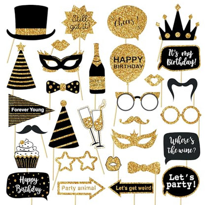 30 Pcs Gold and Black Birthday Photo Booth Props Kit, Happy Birthday Decorations, Funny Selfie Photo Props for 40th 50th 60th Birthday Graduation Wedding Party Supplies - style: Party Birthday Props-Gold