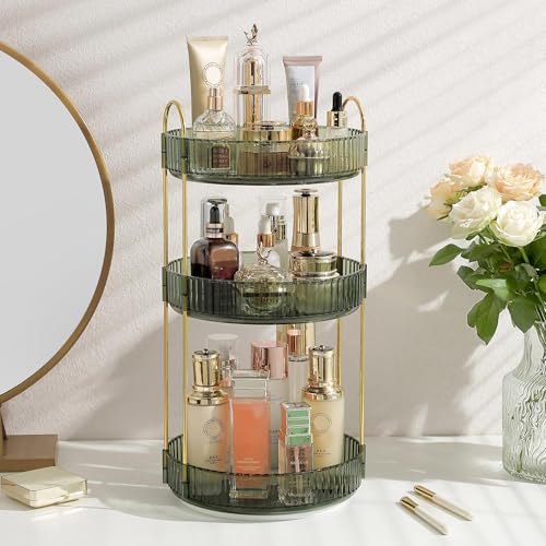 Rotating Makeup Organizer for Vanity, Perfume Skin Care Organizers Large, Bathroom Counter Make Up Cosmetic Storage, Clear Spinning Skincare Lipstick Holder,3 Tiers, Green - color: Gem Green, size: Standard-3 Tier