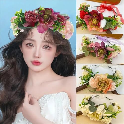 Colorful Rose Flower Crown Wreath Festival Wedding Flower Crown Photo Props Rose Green Leaf Floral Headpiece Hair Wreath Spring(Grey) - color: Grey