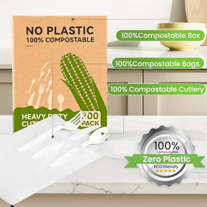 Compostable Utensils Set (300Pack), Heavy Duty & Eco-Friendly No-Plastic Spoons, Forks, Knives Cutlery Set - 100% Disposable Cornstarch Flatware for Lounge Party Wedding BBQ Picnic Camping - size: 300Pack Utensil Set