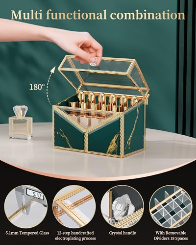 CoralHouse Glass Lipstick Organizer, 18-Slot Green Vanity Makeup Holder for Lipsticks & Nail Polish, Removable Dividers, Vintage Cosmetic Storage Display Box - color: Green