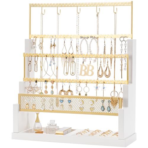 Lolalet Earring Holder Stand, Home Decor 5 Tiers Jewelry Organizer Rack for Stud Earring Necklace Bracelet Wooden Rustic Display Storage with Velvet Ring Tray,Up to 90 pairs of earrings -White - color: White