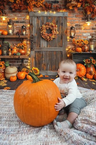Mocsicka Fall Thanksgiving Photography Backdrop Autumn Pumpkin Harvest Barn Background Fall Maple Leaves Rustic Wooden Garland Pumpkin Party Banner Decorations Photoshoot Studio (12x10ft) - size: 12x10ft