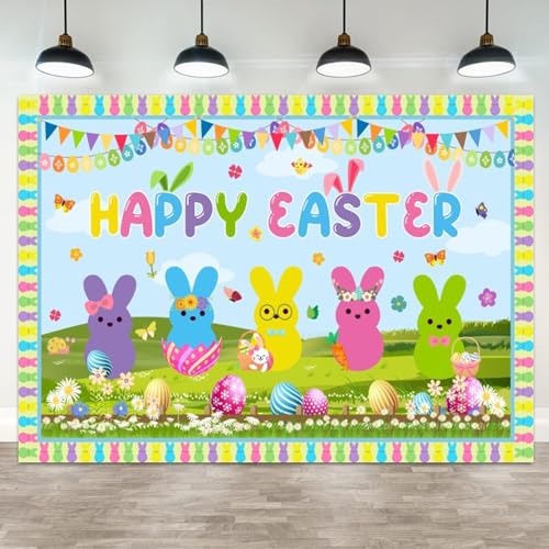 5x3ft Happy Easter Backdrop Spring Bunny Rabbit Colorful Eggs Garden Party Decoration Banner Flowers Butterflies Pastel Bunnies Easter Eggs for Kids Birthday Party Photo Booth Prop - color: color 14, size: 5x3ft