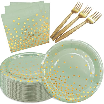 Serve 35 Guests Sage Green and Gold Party Supplies,7 Inch Disposable Sage Green Dessert Paper Plates and Napkins for Wedding Birthday Party - color: Grass Green Gold Dot Paper Plate