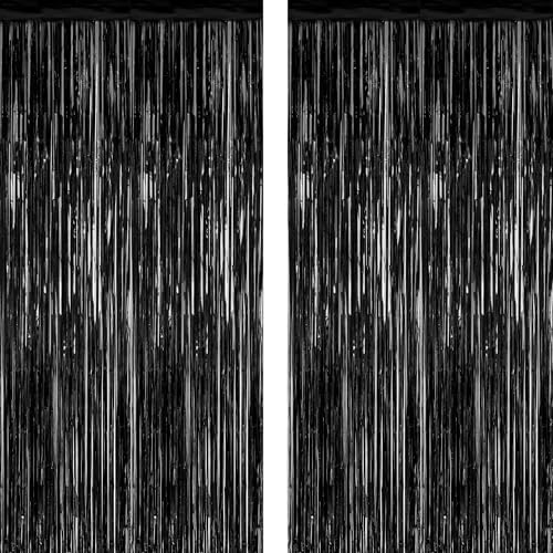 2 Pack 2026 Graduation Party Decorations, 3.28 FT x 7.05 FT Black Backdrop, Metallic Halloween Decorations Photo Backdrop Fringe Curtains Tinsel Backdrop Foil Streamer, Grad Party Supplies - color: Black, size: 2 PCS