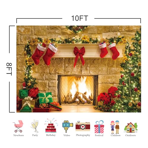 10x8ft Christmas Fireplace Theme Backdrop for Photography Soft Wrinkle Free Fabric Tree Sock Decorations for Xmas Party Supplies Photo Background Pictures Banner Studio Decor Booth Props - size: 10ft by 8ft