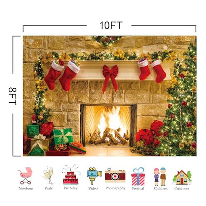 10x8ft Christmas Fireplace Theme Backdrop for Photography Soft Wrinkle Free Fabric Tree Sock Decorations for Xmas Party Supplies Photo Background Pictures Banner Studio Decor Booth Props - size: 10ft by 8ft