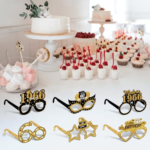 Turypaty 24Pcs 1966 60th Birthday Paper Glasses Decorations for Men Women - Black Gold Happy 60th Birthday Paper Eyeglasses Photo Props, Vintage 1966 Sixty Years Old Birthday Party Supplies - style: Black Gold 60th