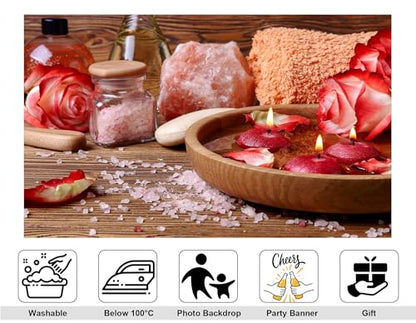 8x5ft Rose Petal Spa Backdrop with Pink Bath Bombs and Red Candles Photography Background for Skincare Relaxation and Romantic Party Decorations Banner Photo Booth Props - size: 8x5ft