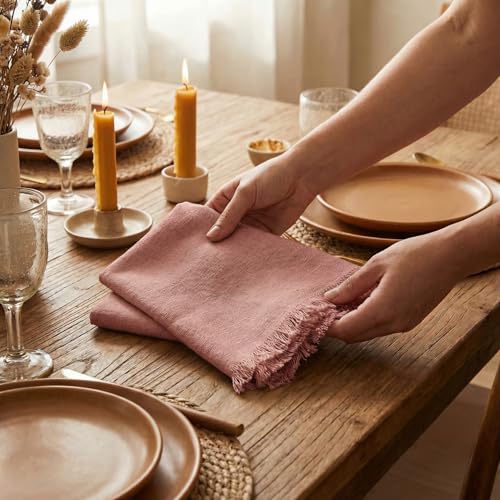 ACCENTHOME Blush Cotton Linen Napkin Set of 12 18x18 inch Dinner Napkins - Washable Soft Premium Hotel Quality Reusable Hemmed Edges Napkins Perfect Table Linens for Family Dinners, Weddings - color: 07 - Blush, size: 18"x18" - Pack of 12
