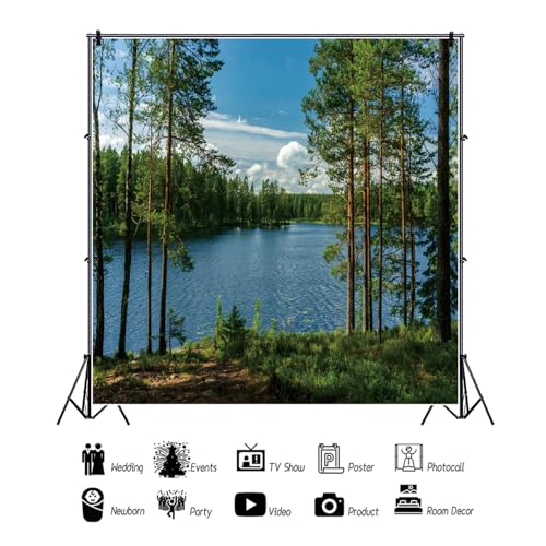 8x8ft Forest Lake Photo Backdrop Park Lakeside Green Trees Natural Scenery Background Banner Spring Summer Countryside Outdoor Picnic Camping Hiking Decor Kids Adults Portrait Studio Props - size: 8x8ft