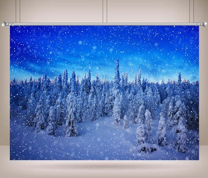 BELECO 12x8ft Fabric Winter Snow Forest Backdrop Snowy Pine Forest Snowflakes Blue Winter Wonderland Background Christmas Party Decorations Banner Photo Video Props - size: 12x8FT