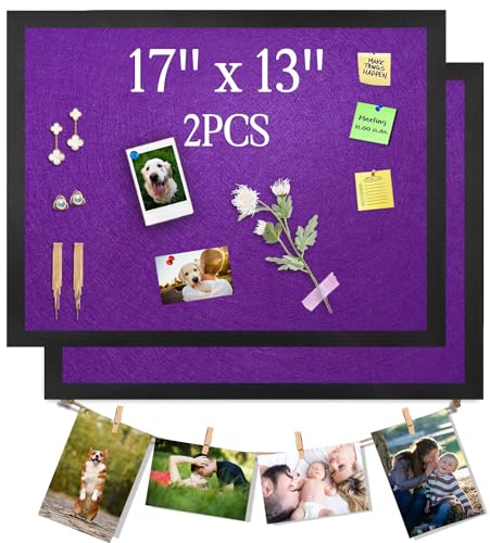 Bulletin Boards Cork Board with Felt, 17"x13" Small Display Pin Board Vision Board for Walls, Jewelry, Notes, Collection, Photos, Office, Wood Framed(Black) & Felt(Purple), 2pc - color: Purple, size: 2P-17"x13"