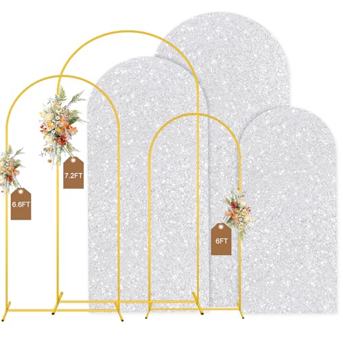 MODFUNS Arch Backdrop Stand and Cover Set 6&6.6&7.2ft Silver Sequins Arch Covers Set of 3 Gold Arched Backdrop Stands Chiara Arches Cover for Party Baby Shower Banquet Wedding Decoration - color: Silver, size: 6&6.6&7.2FT-Set