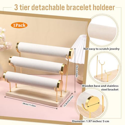 Bracelet Holder Display Stand Bangle Organizer 3 Tier Jewelry Display for Vendors, Gold Jewelry Necklaces Scrunchie Storage Rack with Wood Base
