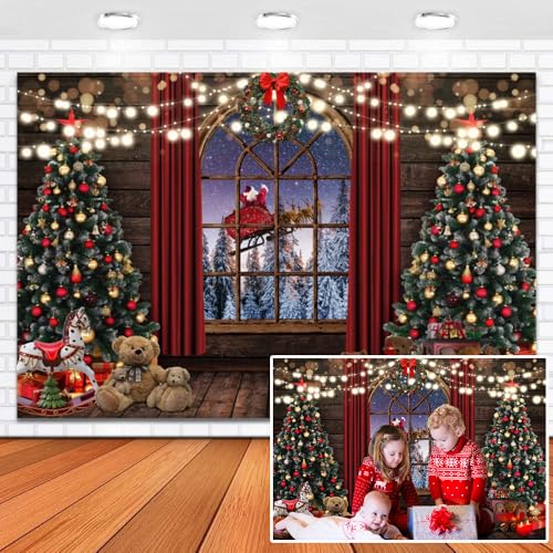 Leowefowa 7x5ft Vinyl Merry Christmas Backdrop Santa Claus Glitter Xmas Tree with Gift Snow Winter Night Window Scenery Background Kids Adults Holiday Party Decors Photo Shoot Props - color: red, size: 7x5ft