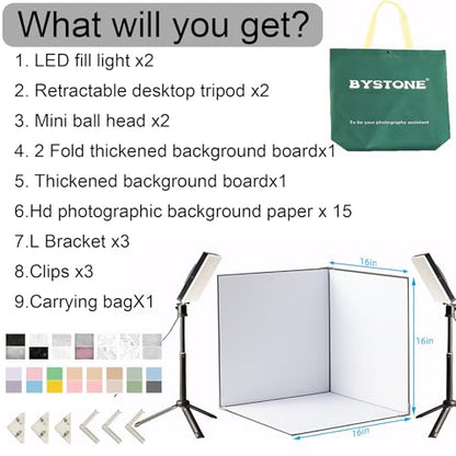 BYSTONE Upgrade Light Box Photography,Portable Photo Studio 16x16 inch Professional Shooting Tent Kit with 288pcs LED Lights 15 HD Backdrops Paper for Food and Small Product Photography Props