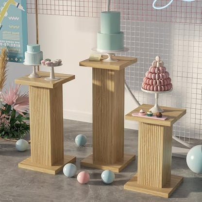 Mxtxmy 3PCS Square Pedestal Stand for Party,Wood Display Pedestal Stands for Parties,Fluted Plinth Pillars Table for Wedding Birthday Baby Shower Decor