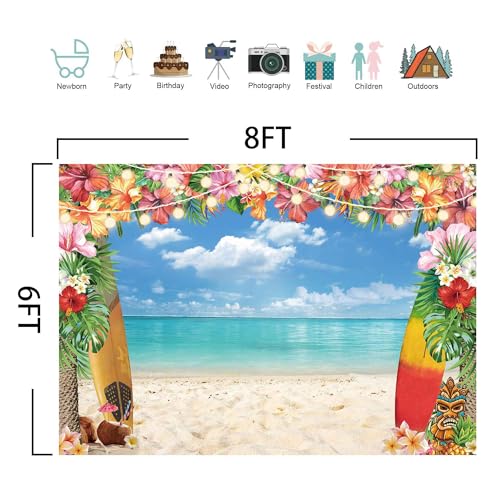 8x6ft Summer Hawaiian Beach Backdrop for Photography Tropical Flower Luau Aloha Backdrop Blue Sky Ocean Palm Leaves Background Birthday Hawaiian Party Decorations Supplies Photoshoot - size: 8'x6'