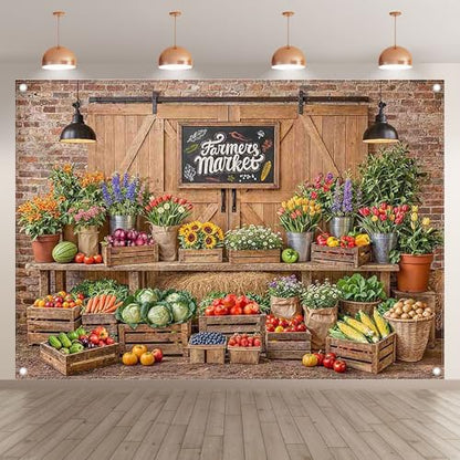 7x5ft Fabric Farmers Market Backdrop Fresh Vegetables Flowers Wooden Barn Spring Photography Background Baby Shower Birthday Party Decorations Photo Banner Props - size: 7'x5'