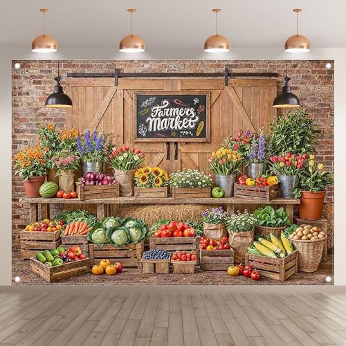 7x5ft Fabric Farmers Market Backdrop Fresh Vegetables Flowers Wooden Barn Spring Photography Background Baby Shower Birthday Party Decorations Photo Banner Props - size: 7'x5'