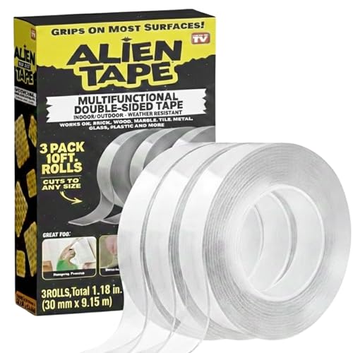 ALIEN TAPE Double Sided Tape Heavy Duty, Nano Tape, Double Sided Mounting Tape, Heavy Duty Double Sided Tape for Walls, Wall Tape, Clear Adhesive Tape for Poster Photo Wall Décor As Seen on TV 30 Feet - size: (3 Rolls - 30 Feet)