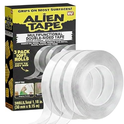 ALIEN TAPE Double Sided Tape Heavy Duty, Nano Tape, Double Sided Mounting Tape, Heavy Duty Double Sided Tape for Walls, Wall Tape, Clear Adhesive Tape for Poster Photo Wall Décor As Seen on TV 30 Feet - size: (3 Rolls - 30 Feet)