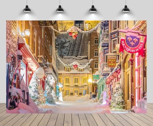 10x6.5ft Christmas Street Backdrop Europe Snowy Street Shop Christmas Trees Balls Background New Year Xmas Eve European Travel Birthday Party Decoration Portrait Photo Studio Booth Props - size: 10x6.5FT
