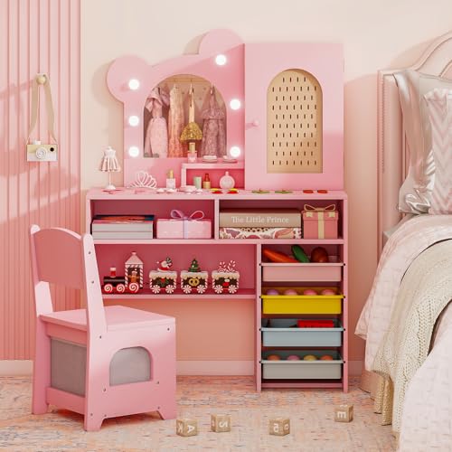 Costzon Kids Vanity with Lights, Girls Vanity Set with Mirror, Storage Drawers, Cabinet & Shelves, Toddler Makeup Vanity Desk Dressing Table, Wooden Kids Vanity Table and Chair Set (Pink) - style: Pink with Storage Bins
