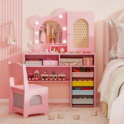 Costzon Kids Vanity with Lights, Girls Vanity Set with Mirror, Storage Drawers, Cabinet & Shelves, Toddler Makeup Vanity Desk Dressing Table, Wooden Kids Vanity Table and Chair Set (Pink) - style: Pink with Storage Bins