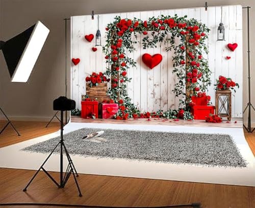 5 x 3 ft Valentine's Day Backdrop Rustic Barn White Wall Red Rose Love Heart Balloon Background Wedding Bridal Party Valentine's Day Engagement Backdrops Portrait Photo Booth Props - color: Red4, size: 5x3ft